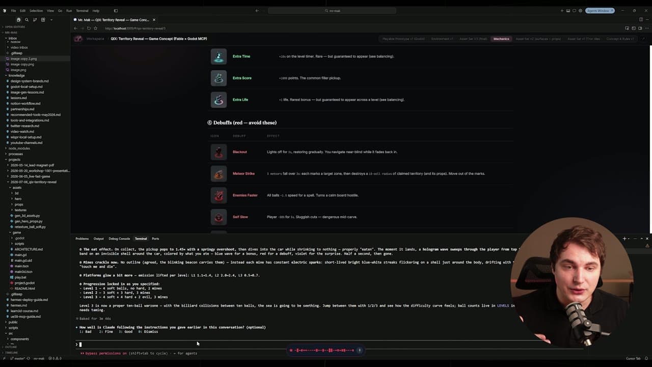 Claude Code driving the Godot MCP with a game design document open, running on the Fable 5 model