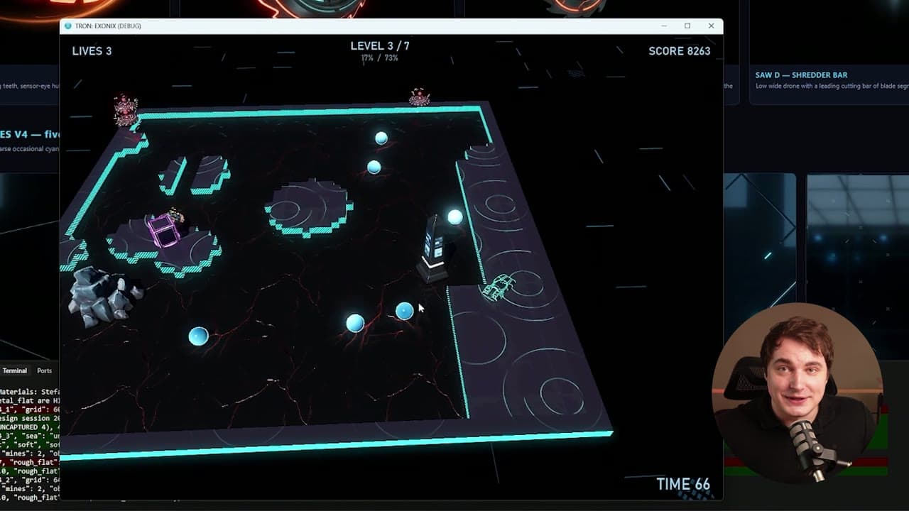 Exonix gameplay with glowing hazards, mines and a saw enemy on a dark Tron grid