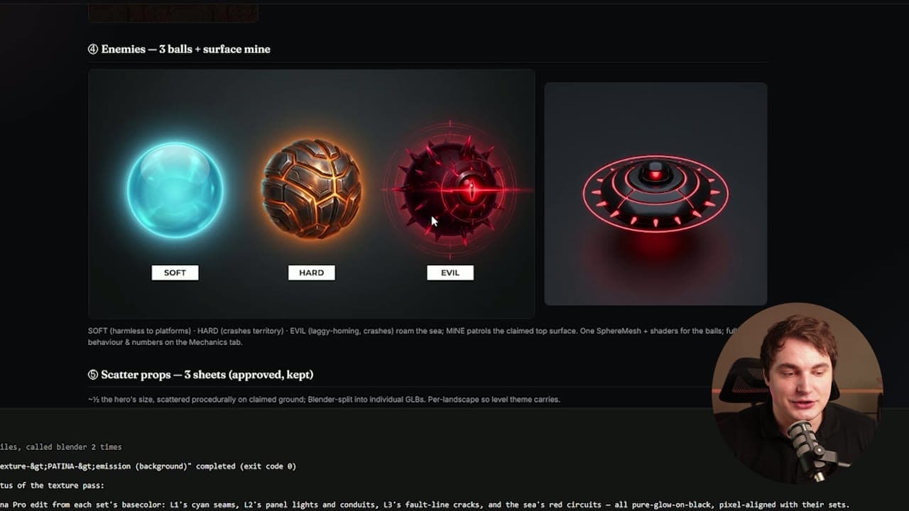 Three rendered enemy balls labelled Soft, Hard and Evil, plus a red surface mine
