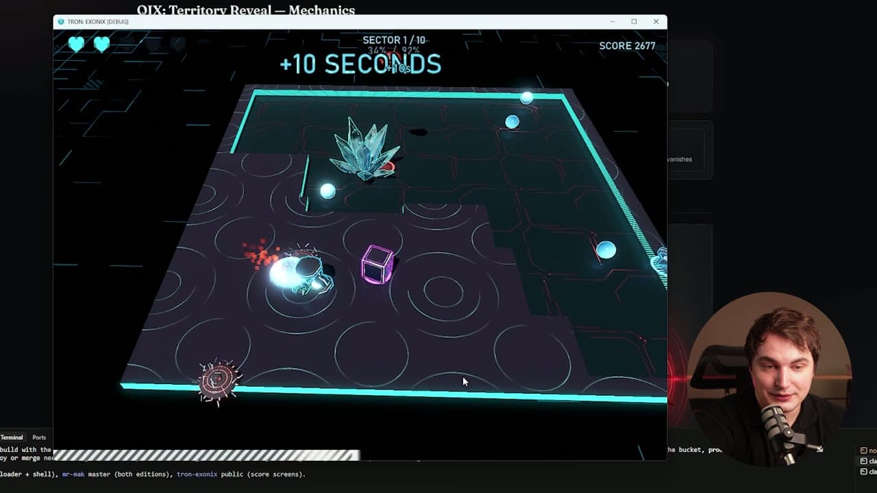 The finished Exonix game, a Tron-styled 3D territory-capture game with glowing cyan edges and particle effects
