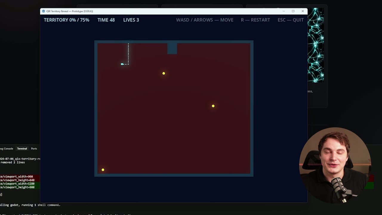 A bare grey Godot prototype of the territory-capture game running next to the Claude terminal