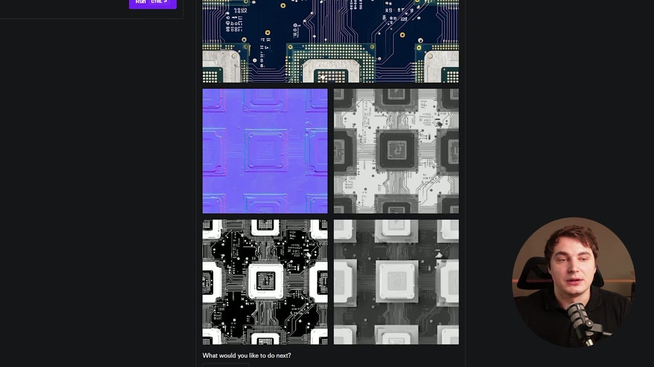A generated PBR texture set from PATINA: albedo circuit pattern plus normal, height and roughness maps