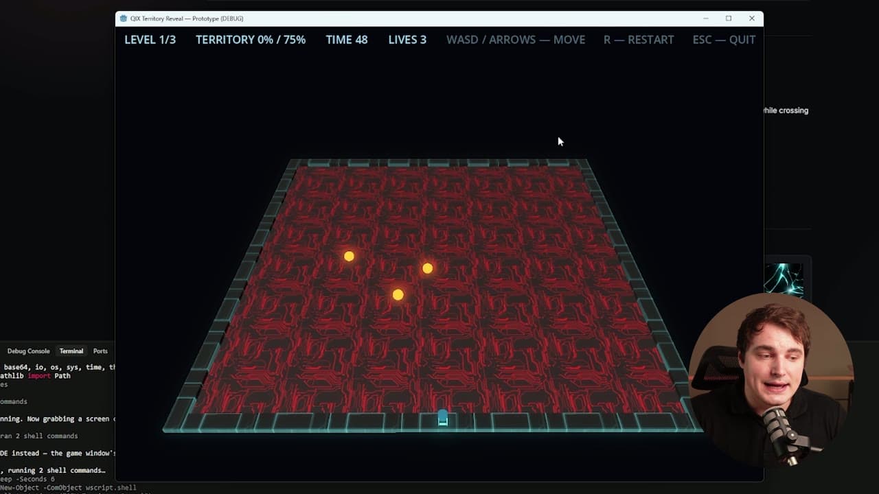 The Godot play field with a red glowing circuit texture applied to the captured surface