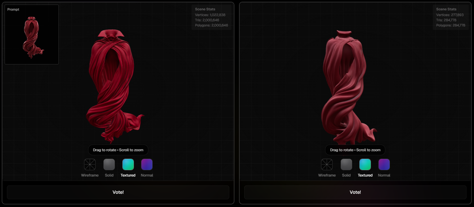 Arena blind voting — two 3D models side by side with hidden tool names