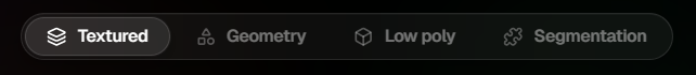 Arena evaluation modes — Textured, Geometry, Low Poly, and Segmentation